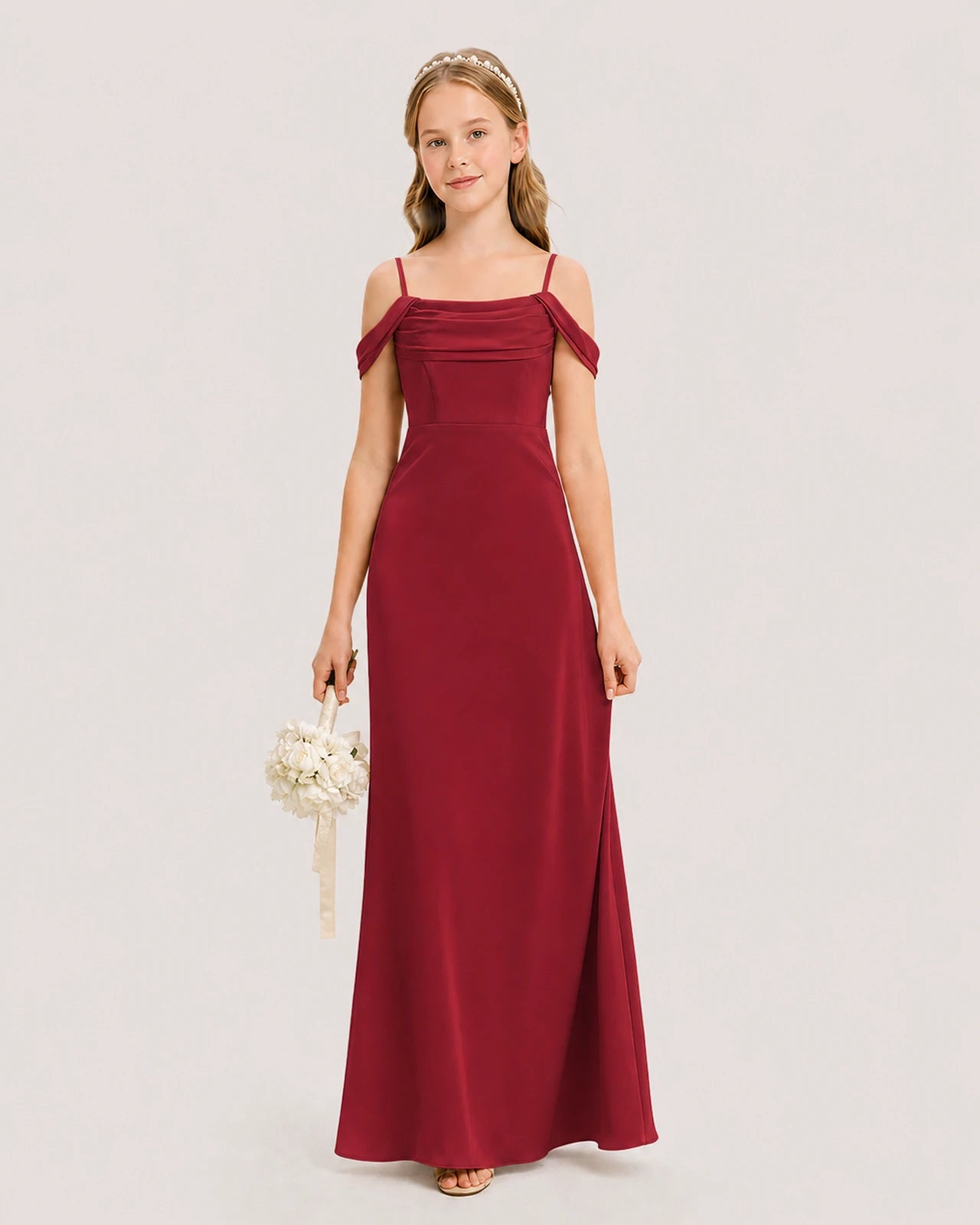 Dideyttawl Off the Shoulder Satin Junior Bridesmaid Dress