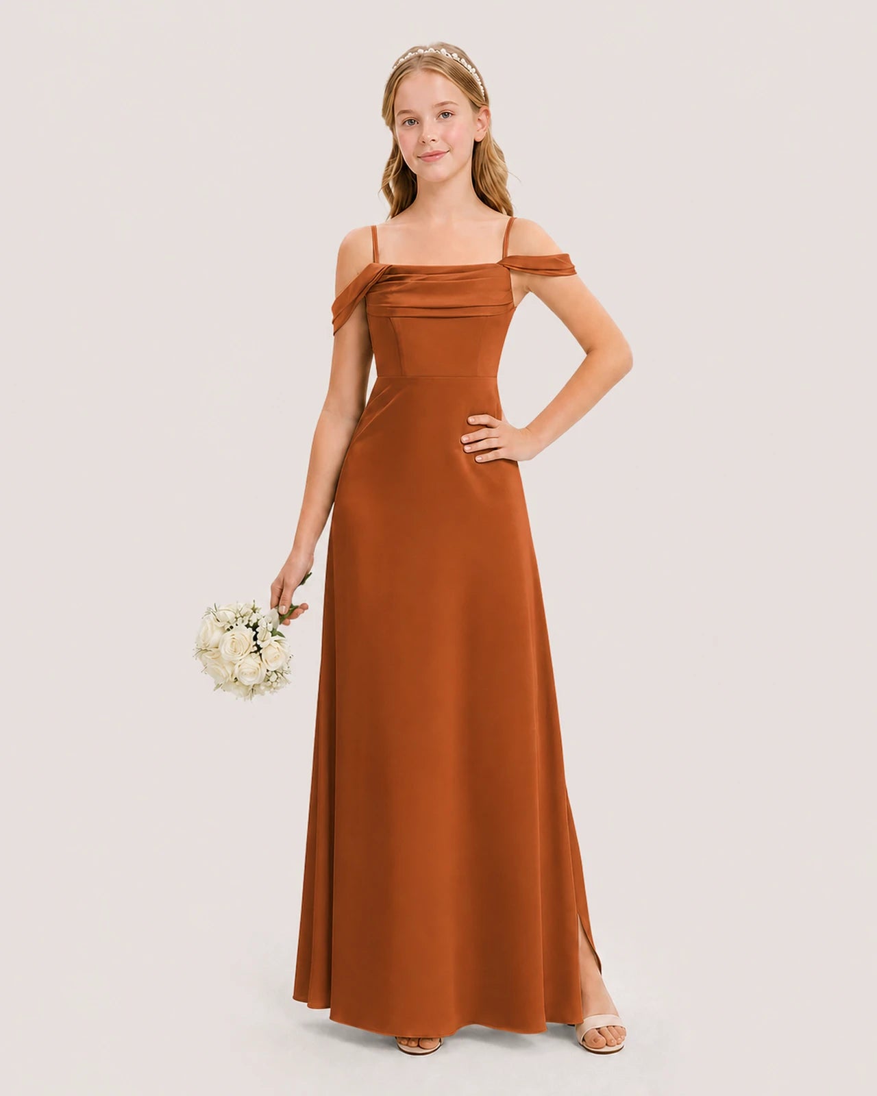 Dideyttawl Off the Shoulder Satin Junior Bridesmaid Dress