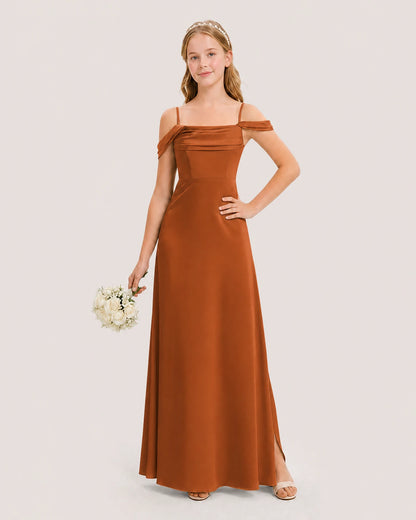 Dideyttawl Off the Shoulder Satin Junior Bridesmaid Dress