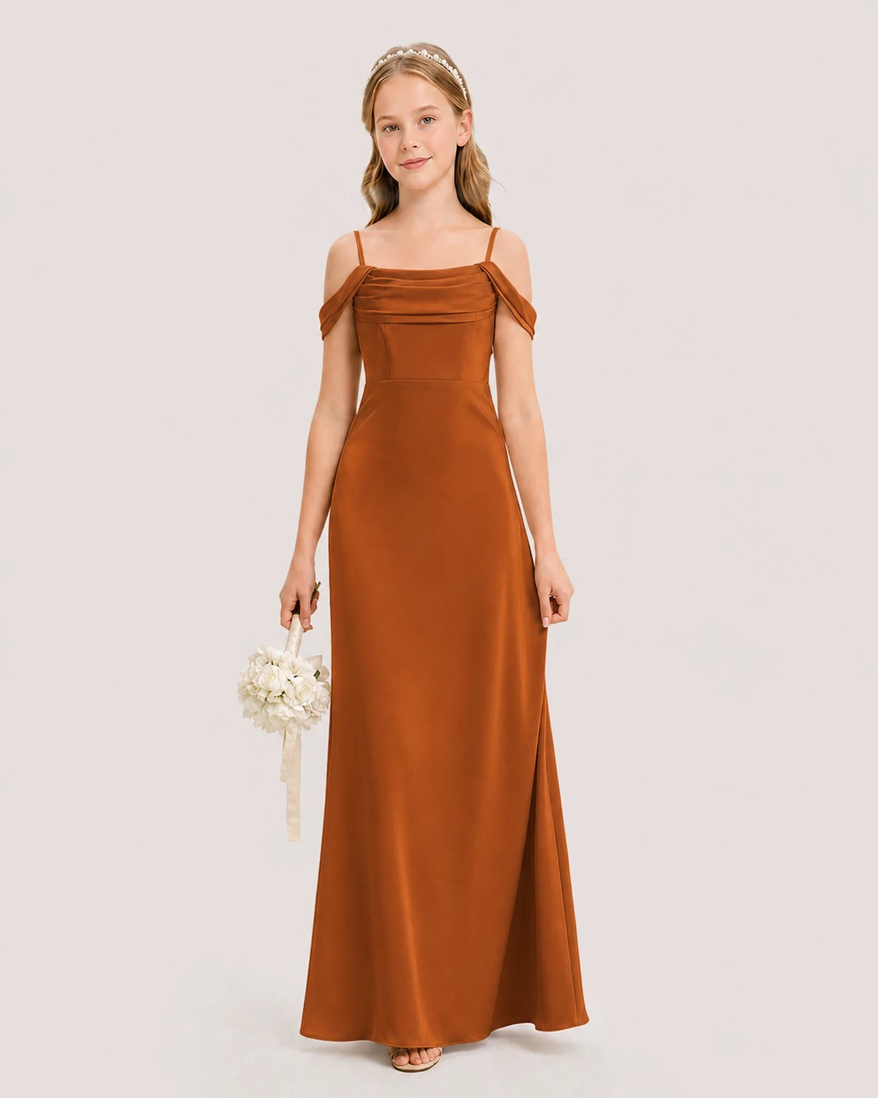 Dideyttawl Off the Shoulder Satin Junior Bridesmaid Dress