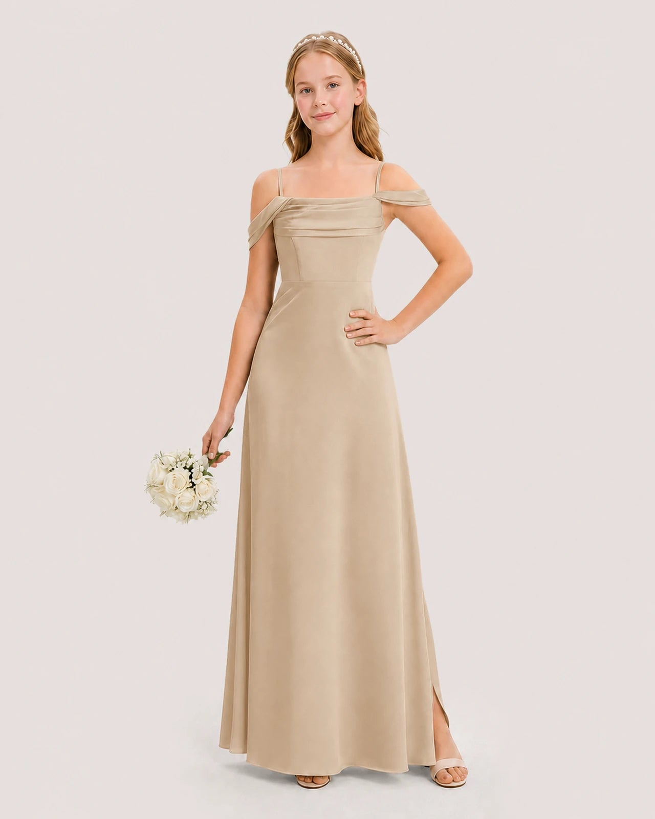 Dideyttawl Off the Shoulder Satin Junior Bridesmaid Dress