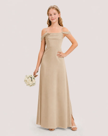 Dideyttawl Off the Shoulder Satin Junior Bridesmaid Dress