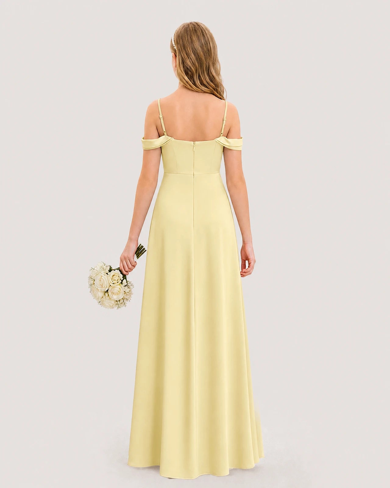 Dideyttawl Off the Shoulder Satin Junior Bridesmaid Dress