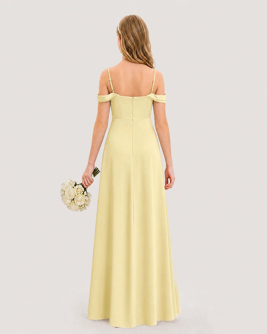 Daffodil Satin Off-the-Shoulder A-Line Junior Bridesmaid Dresses Back View