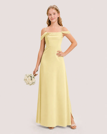 Dideyttawl Off the Shoulder Satin Junior Bridesmaid Dress