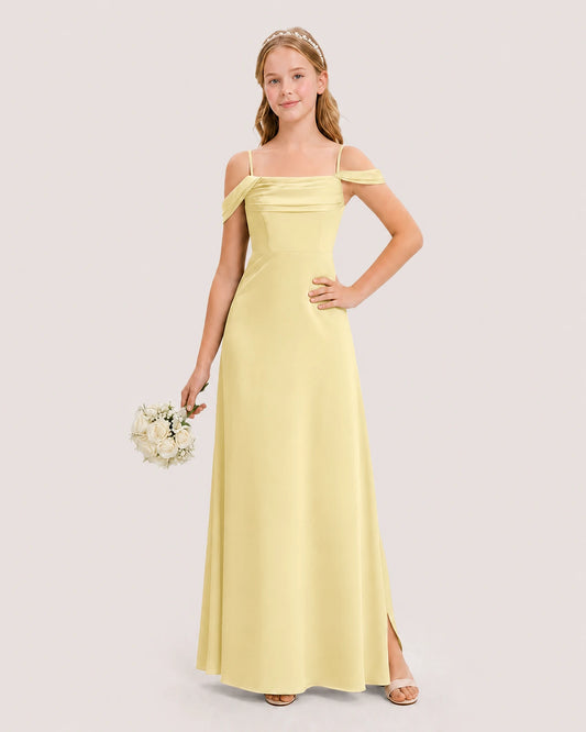 Daffodil Satin Cold-Shoulder Junior Bridesmaid Dress Front View
