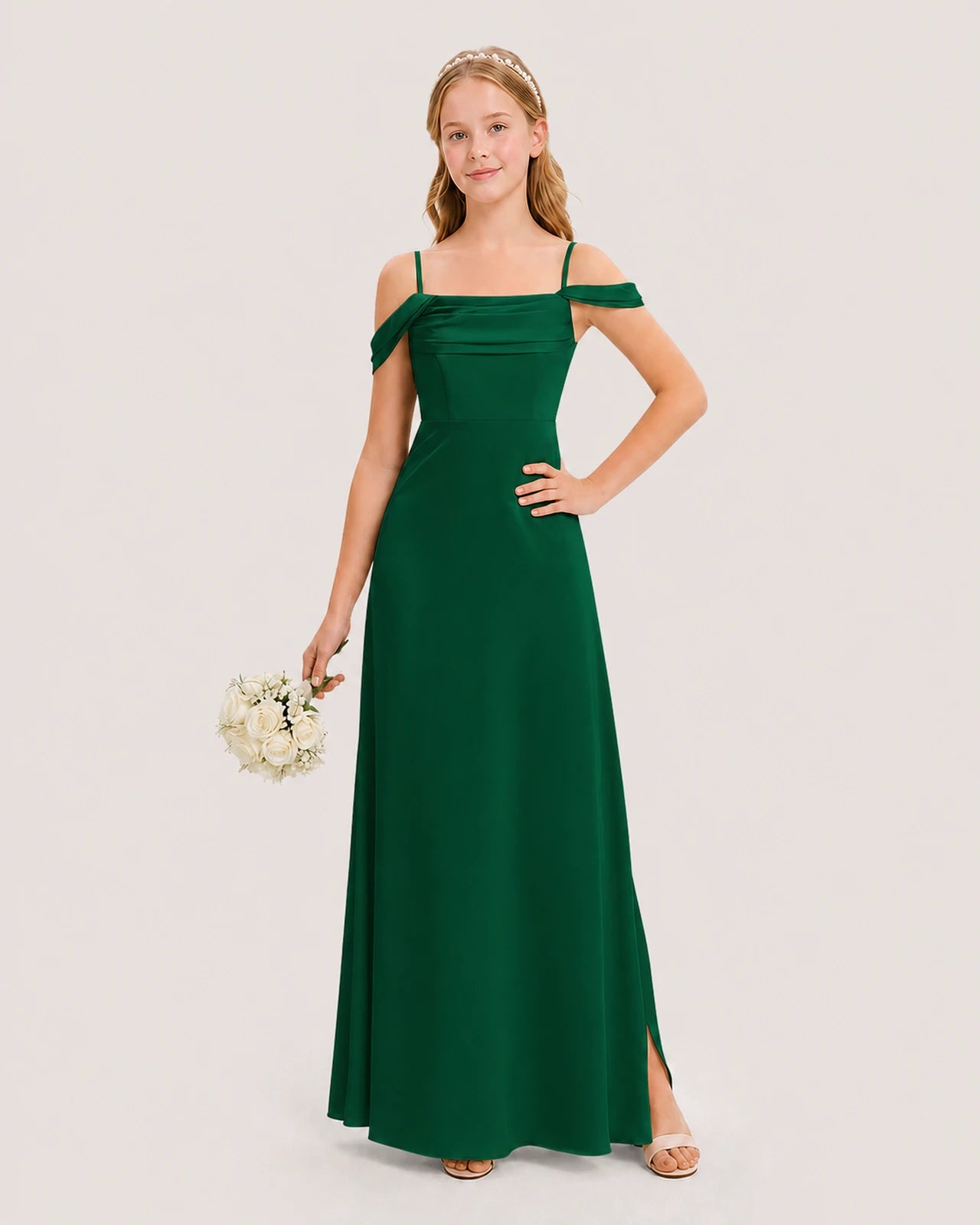 Dideyttawl Off the Shoulder Satin Junior Bridesmaid Dress