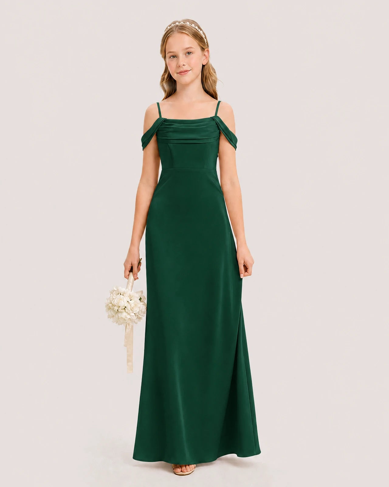 Dideyttawl Off the Shoulder Satin Junior Bridesmaid Dress