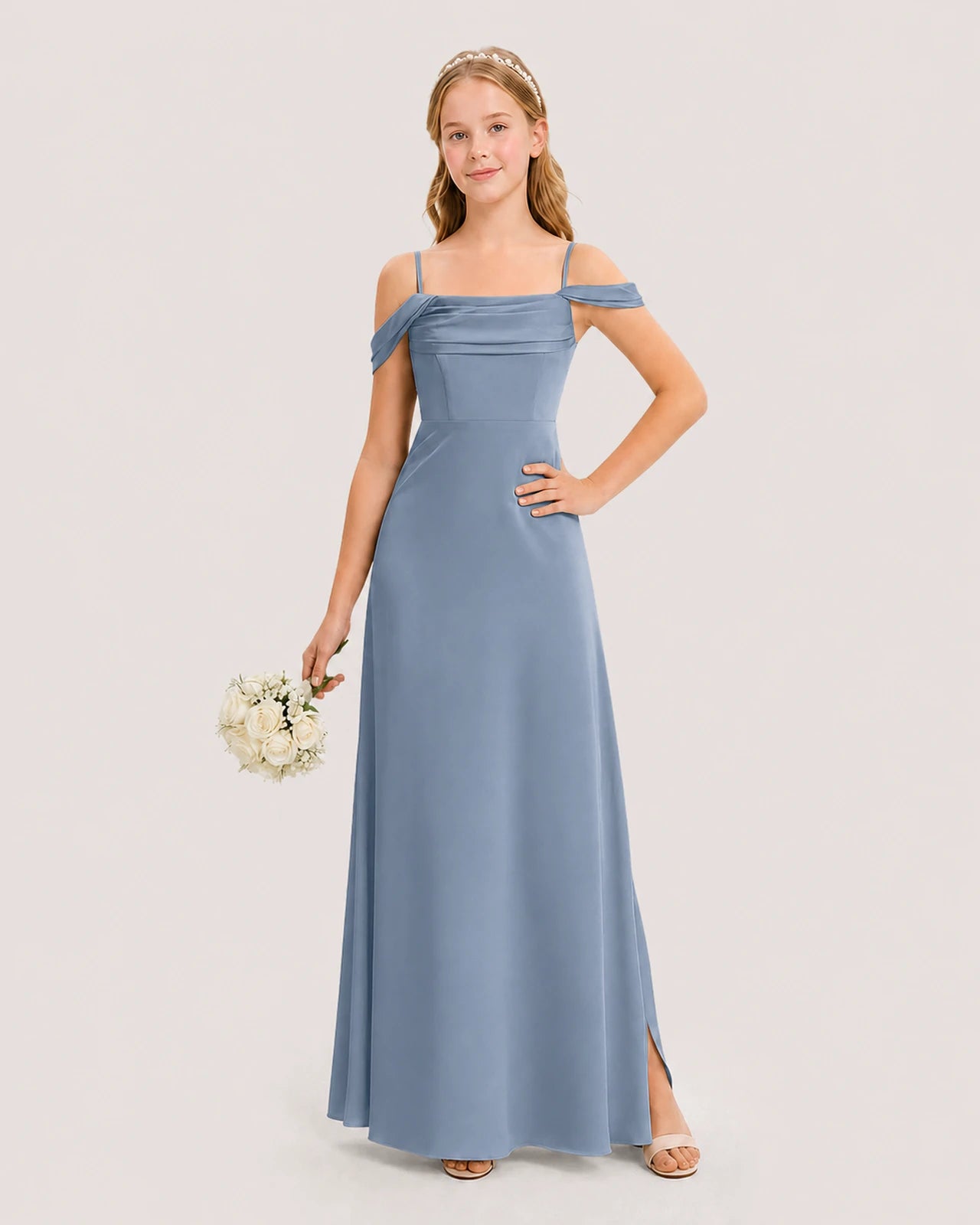 Dideyttawl Off the Shoulder Satin Junior Bridesmaid Dress