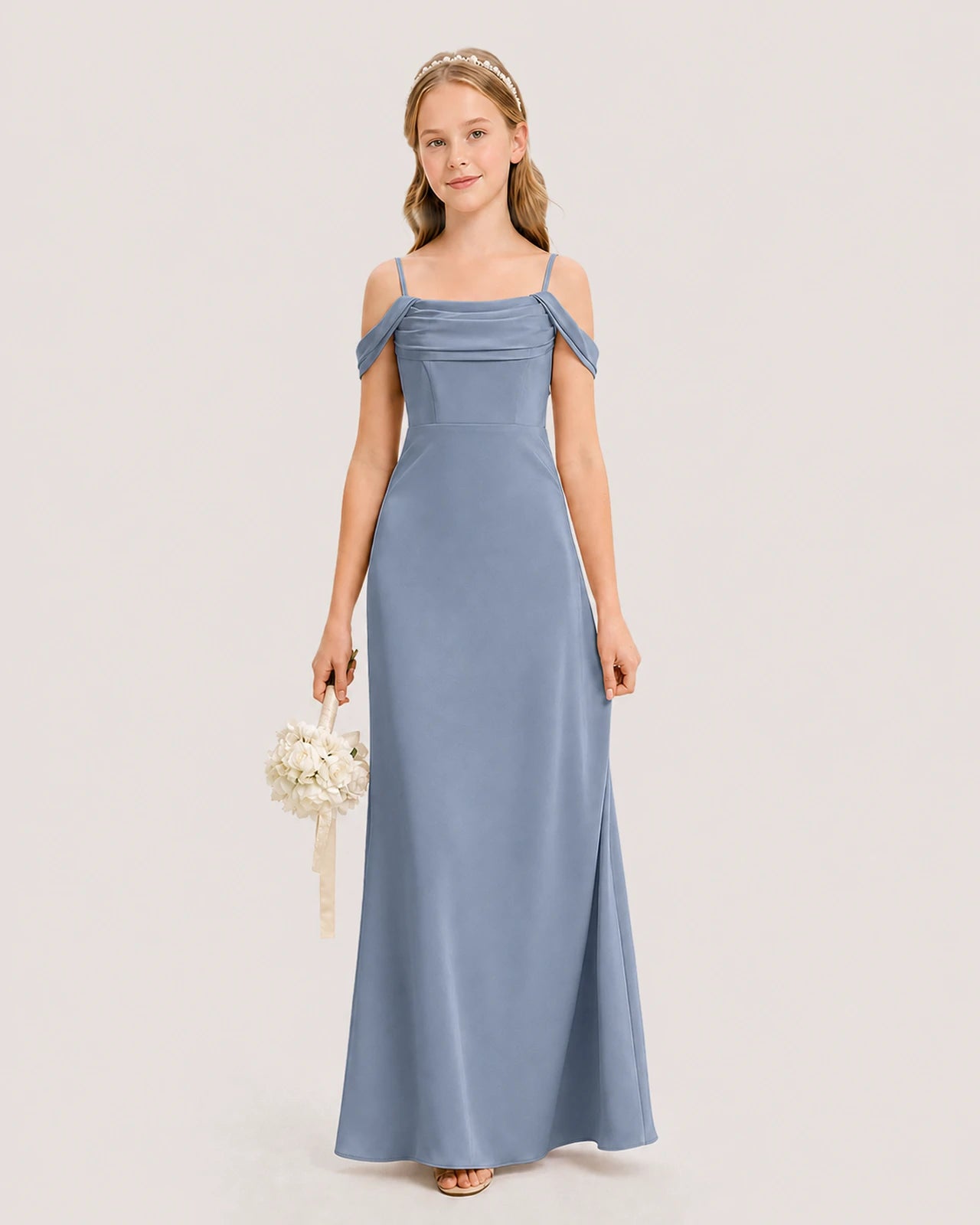 Dideyttawl Off the Shoulder Satin Junior Bridesmaid Dress