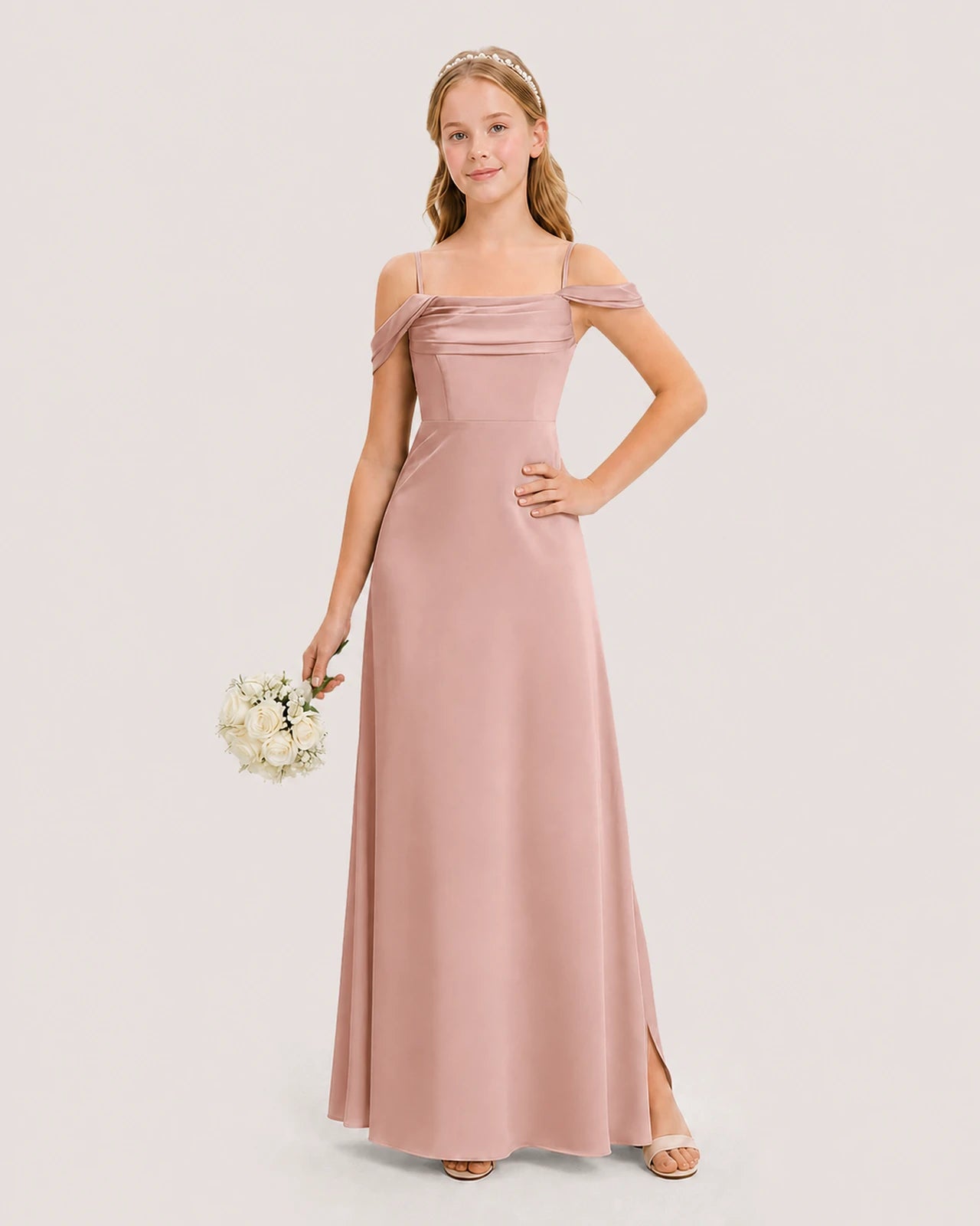 Dideyttawl Off the Shoulder Satin Junior Bridesmaid Dress