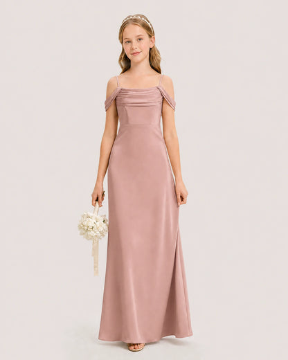 Dideyttawl Off the Shoulder Satin Junior Bridesmaid Dress