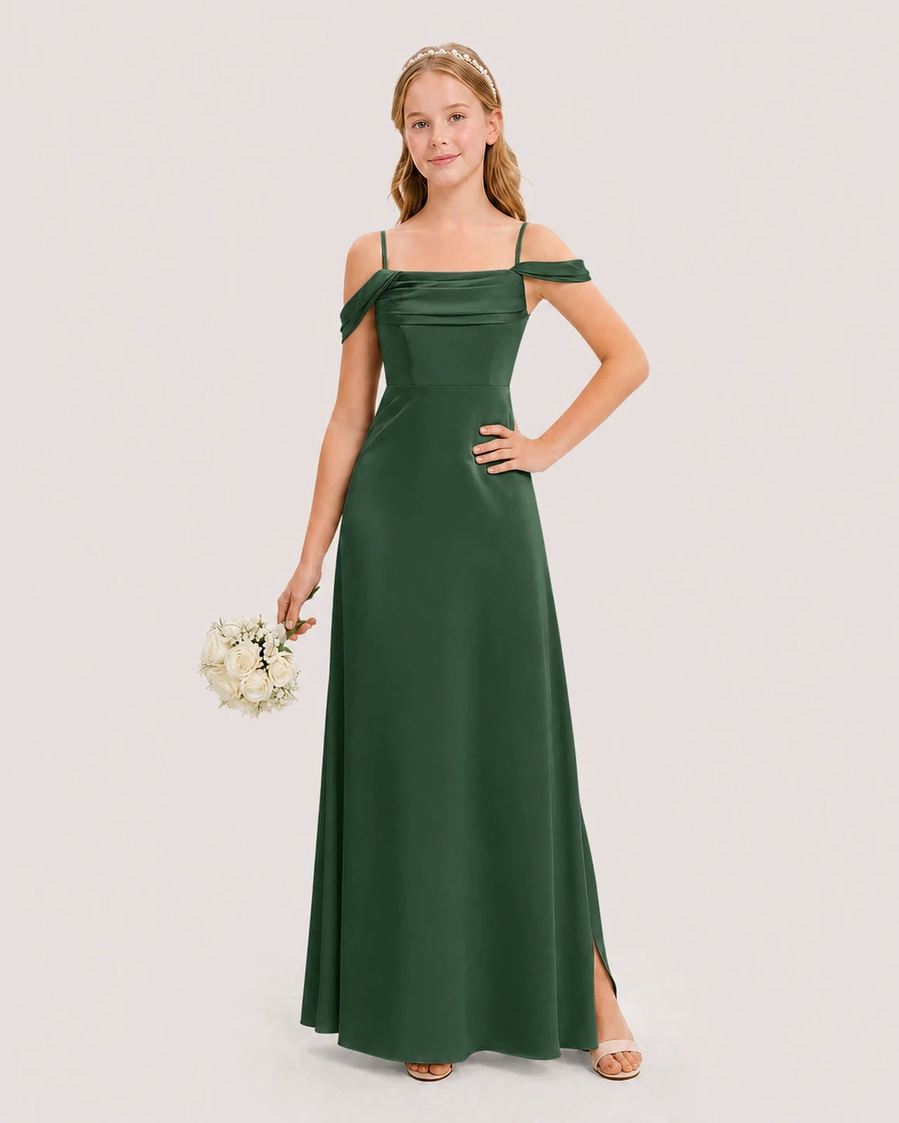 Dideyttawl Off the Shoulder Satin Junior Bridesmaid Dress