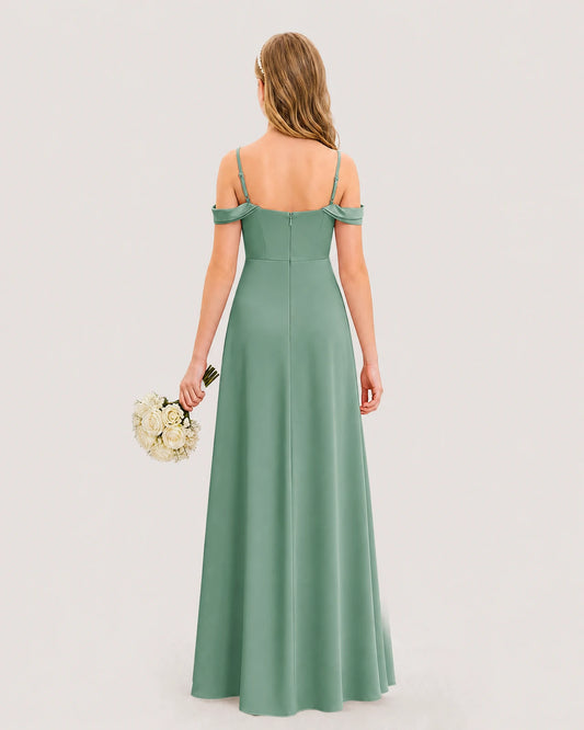Eucalyptus Satin A-Line Junior Bridesmaid Dresses Back View