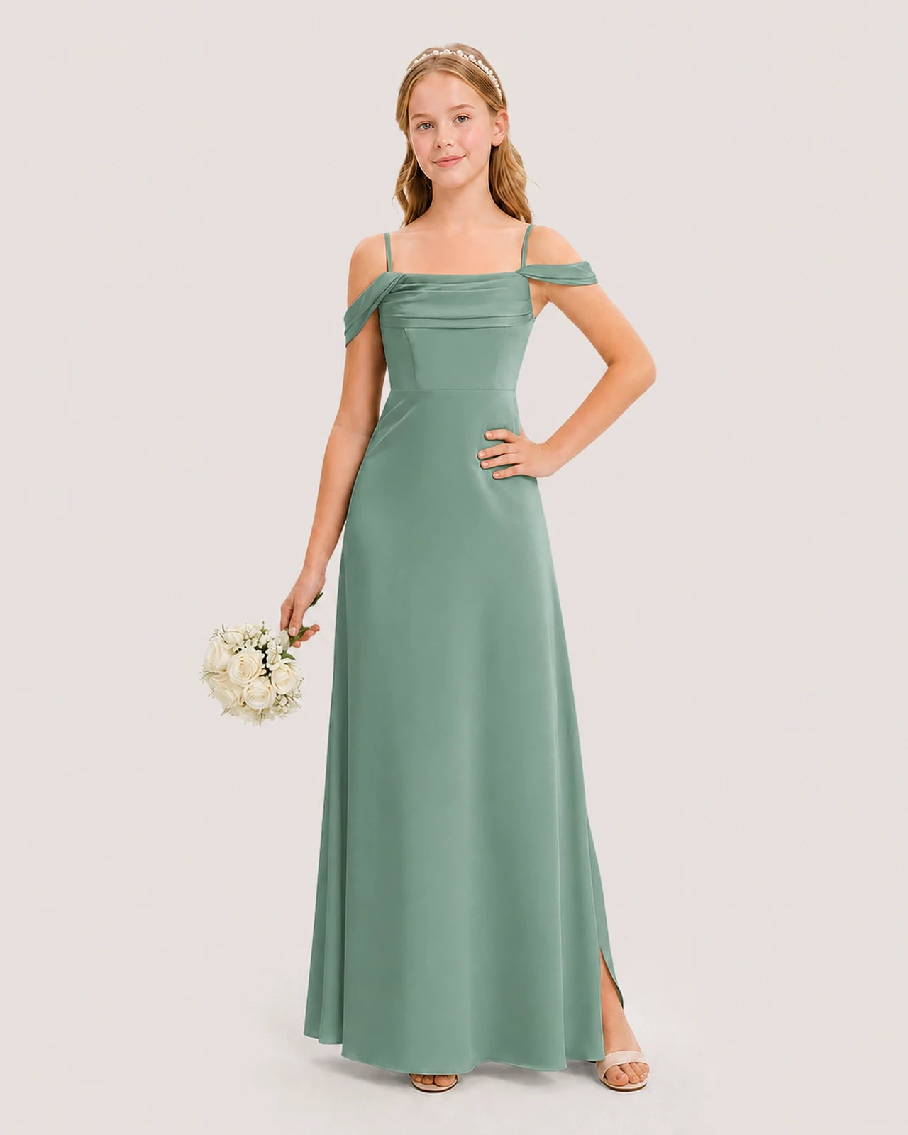 Dideyttawl Off the Shoulder Satin Junior Bridesmaid Dress