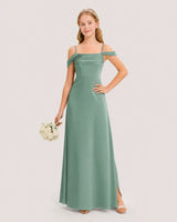 Eucalyptus satin cold-shoulder junior bridesmaid dress Front View