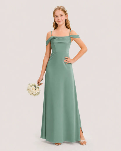 Dideyttawl Off the Shoulder Satin Junior Bridesmaid Dress