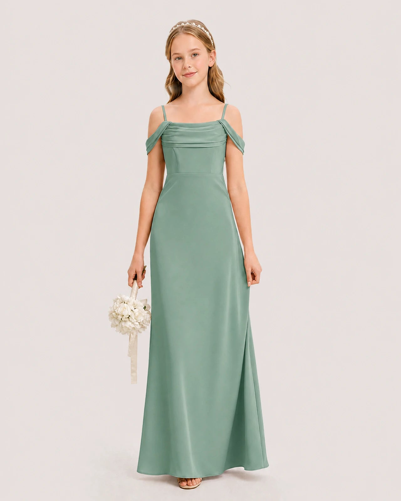 Dideyttawl Off the Shoulder Satin Junior Bridesmaid Dress