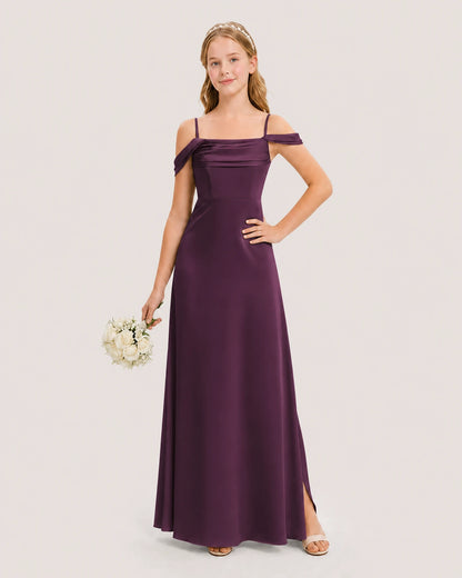 Dideyttawl Off the Shoulder Satin Junior Bridesmaid Dress