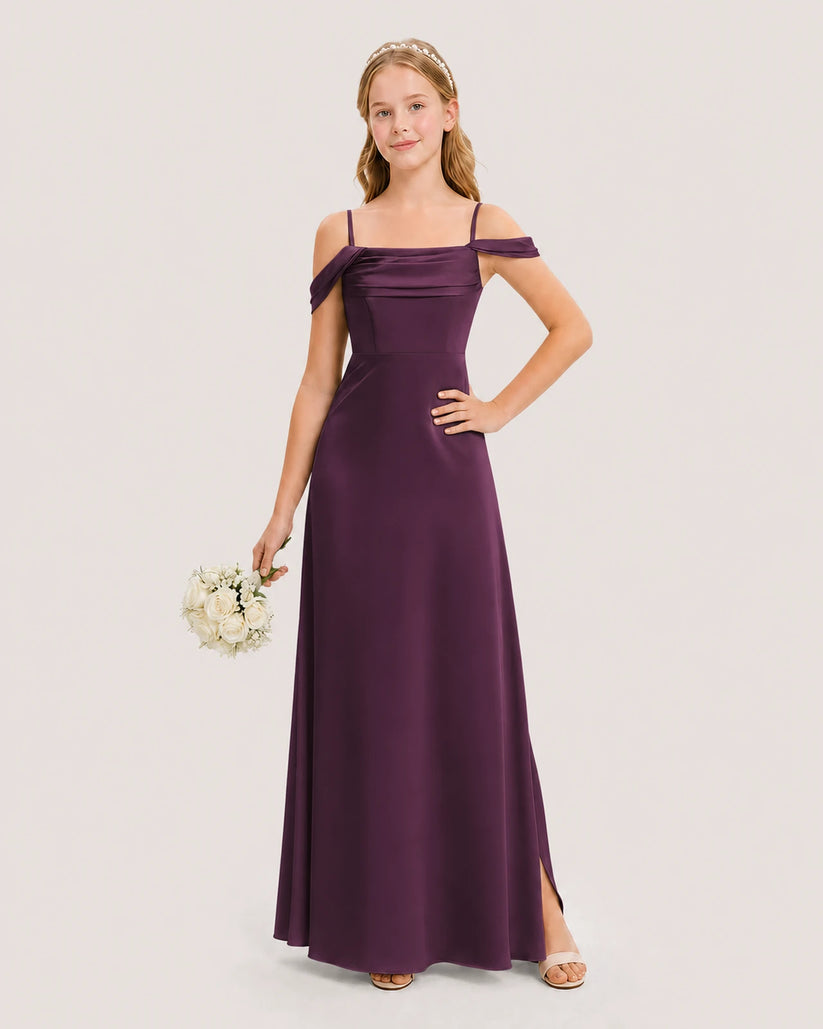 Grape Satin Off-the-Shoulder Junior Bridesmaid Dress Front View