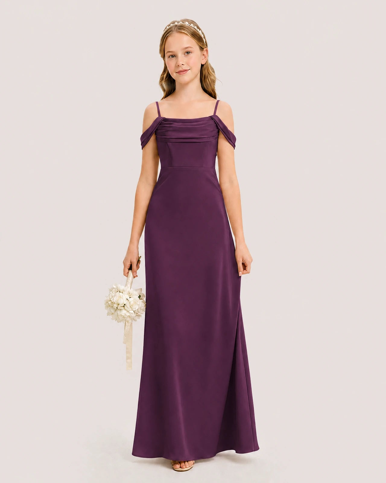 Dideyttawl Off the Shoulder Satin Junior Bridesmaid Dress