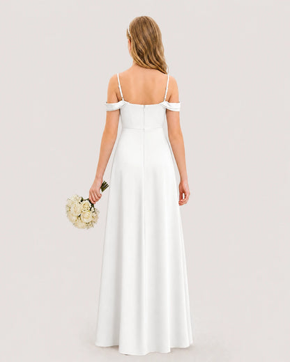 Dideyttawl Off the Shoulder Satin Junior Bridesmaid Dress