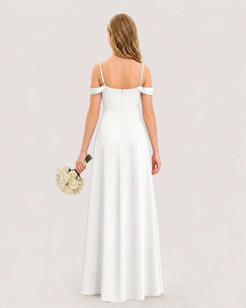 Ivory Satin Off-the-Shoulder A-Line Junior Bridesmaid Dresses Back View