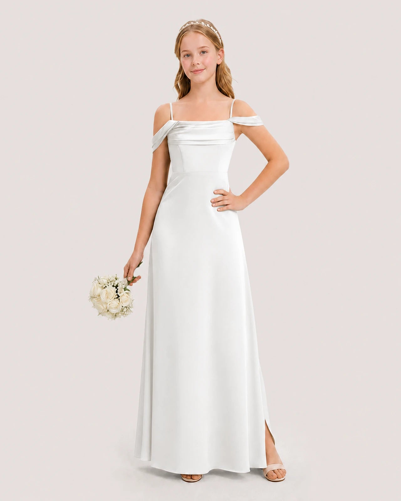 Dideyttawl Off the Shoulder Satin Junior Bridesmaid Dress