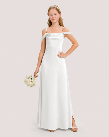 Dideyttawl Off the Shoulder Satin Junior Bridesmaid Dress