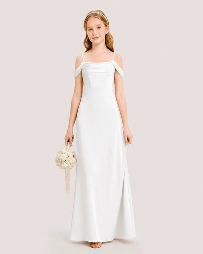 Dideyttawl Off the Shoulder Satin Junior Bridesmaid Dress