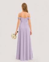 Lavender satin off-the-shoulder junior bridesmaid dresses back view