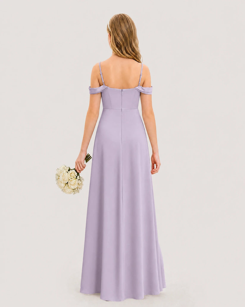 Lavender satin off-the-shoulder junior bridesmaid dresses back view