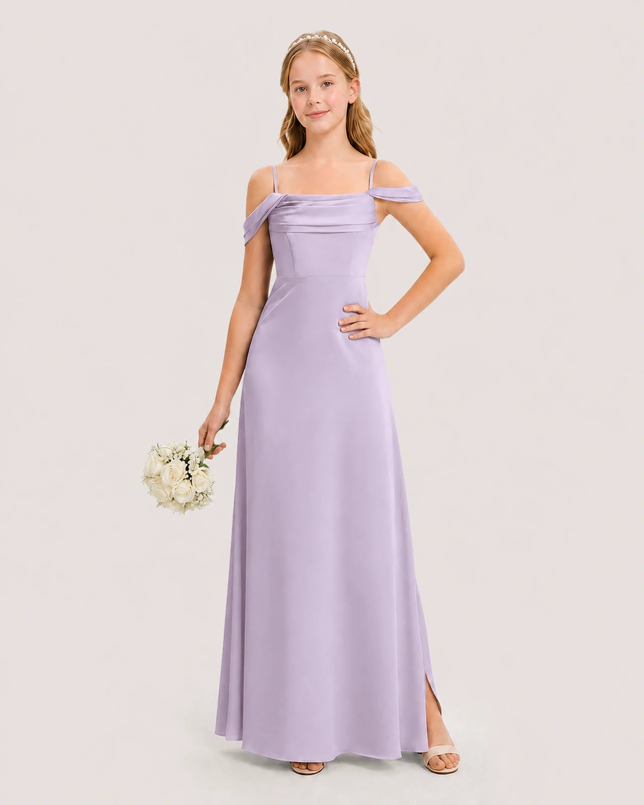 Dideyttawl Off the Shoulder Satin Junior Bridesmaid Dress