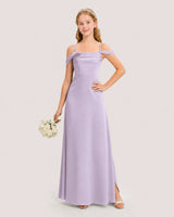 Lavender Satin Cold-Shoulder A-Line Junior Bridesmaid Dresses Front View