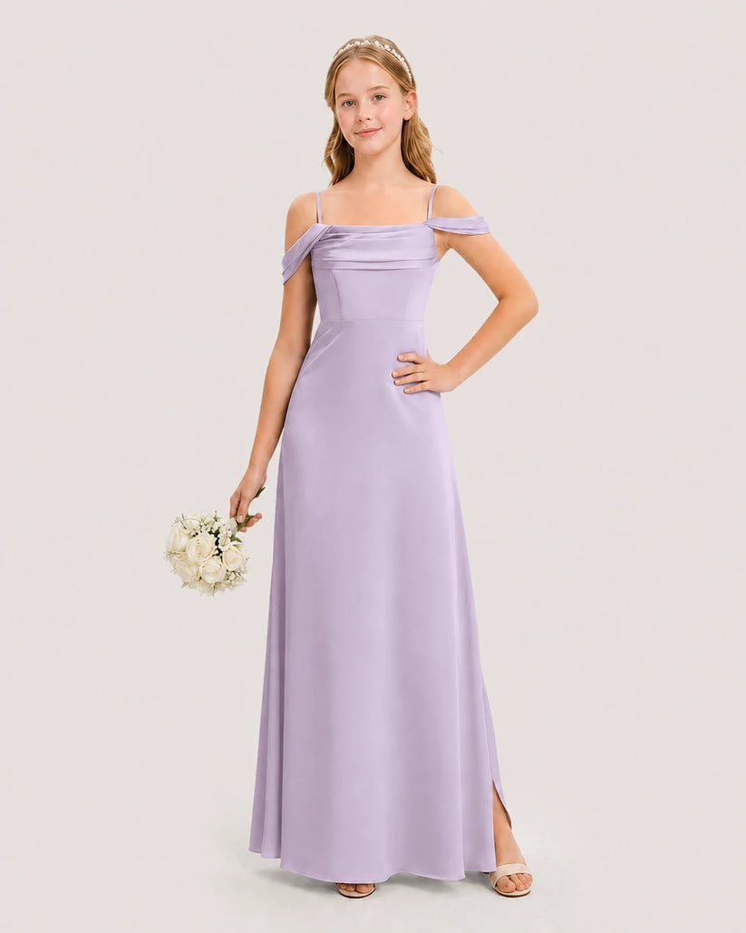 Lavender Satin Cold-Shoulder A-Line Junior Bridesmaid Dresses Front View