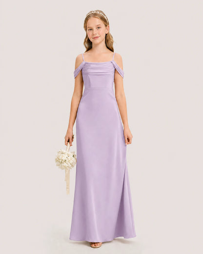 Dideyttawl Off the Shoulder Satin Junior Bridesmaid Dress