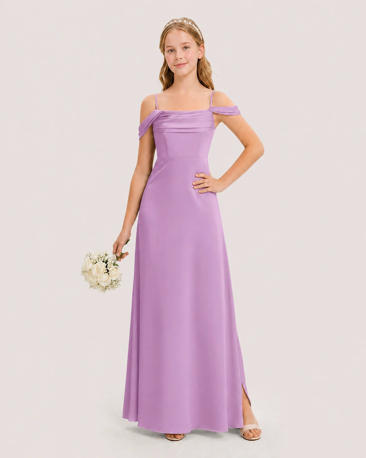 Dideyttawl Off the Shoulder Satin Junior Bridesmaid Dress