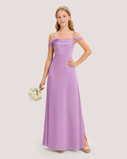 Dideyttawl Off the Shoulder Satin Junior Bridesmaid Dress