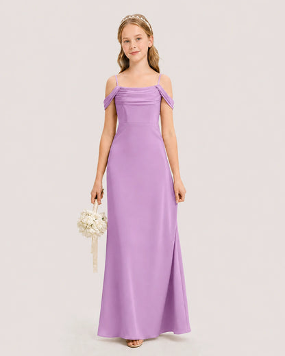 Dideyttawl Off the Shoulder Satin Junior Bridesmaid Dress
