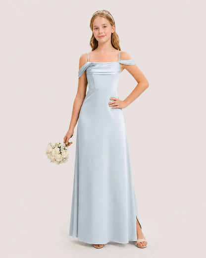 Dideyttawl Off the Shoulder Satin Junior Bridesmaid Dress