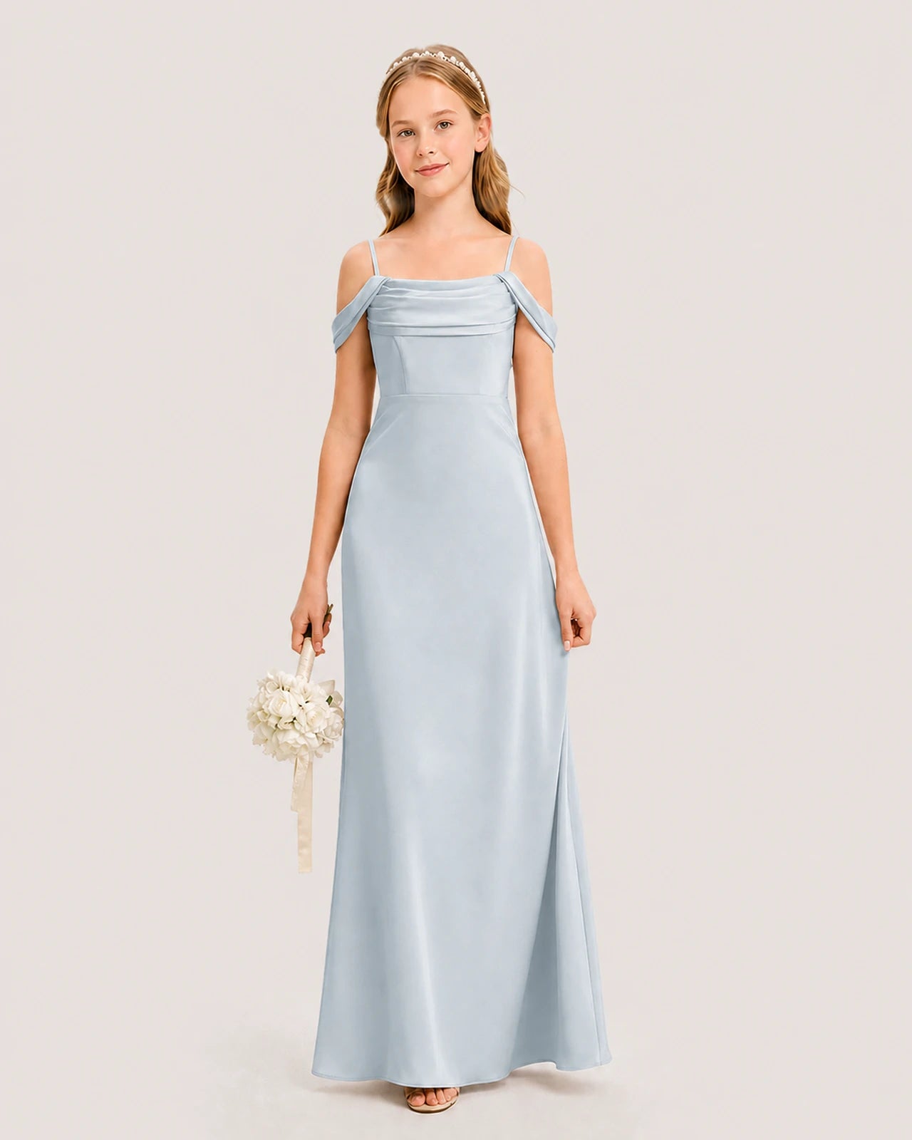 Dideyttawl Off the Shoulder Satin Junior Bridesmaid Dress