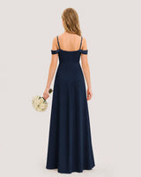 Navy Blue Satin Off-The-Shoulder Junior Bridesmaid Dresses Back View