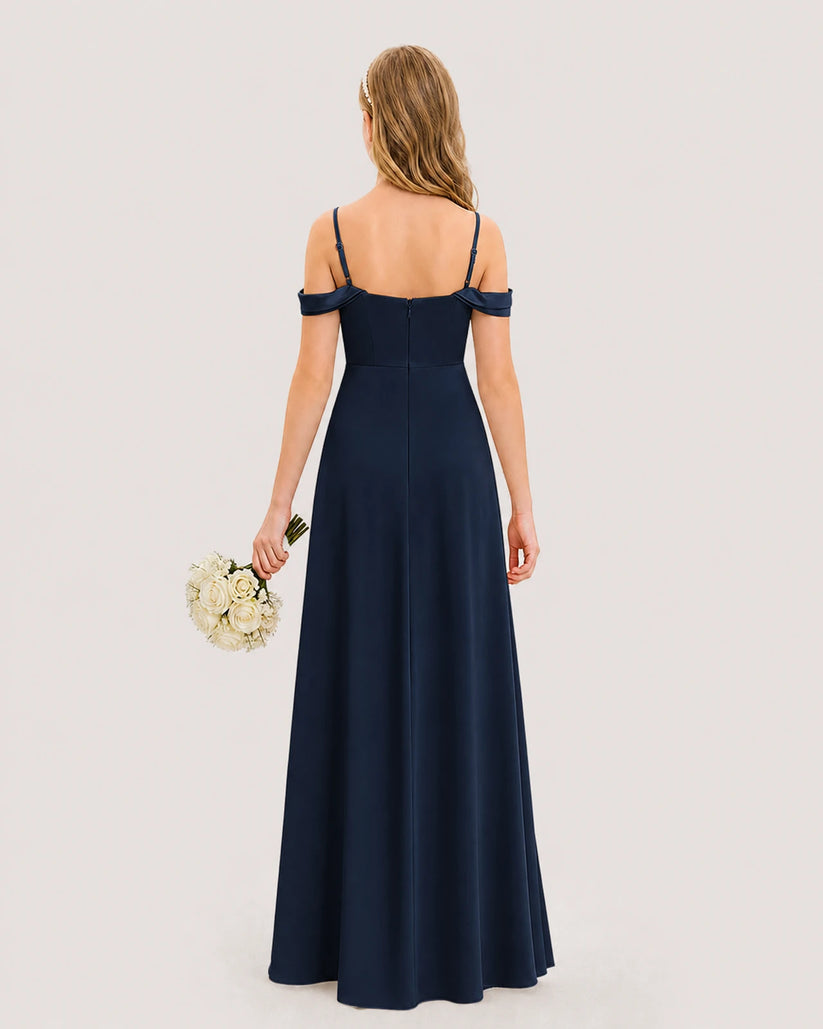 Navy Blue Satin Off-The-Shoulder Junior Bridesmaid Dresses Back View