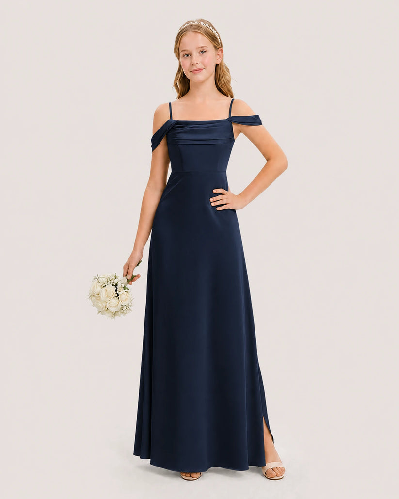 Navy Blue Satin Cold-Shoulder A-Line Junior Bridesmaid Dresses Front View