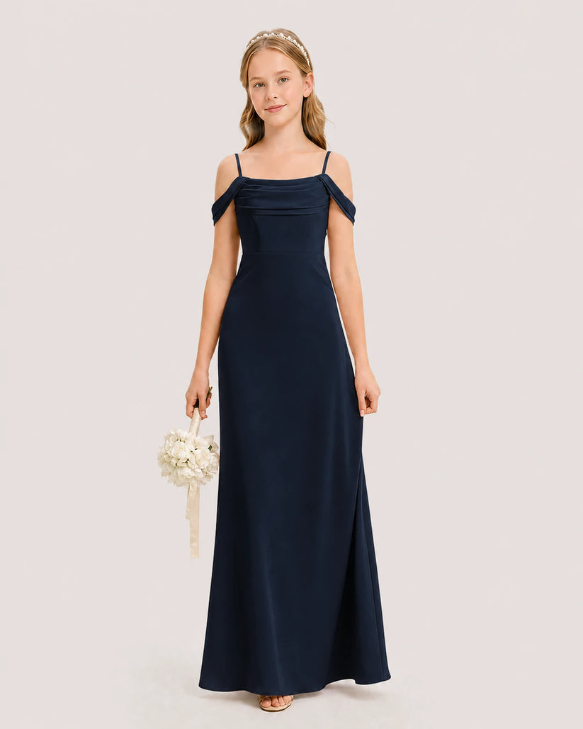 Navy blue satin off-the-shoulder junior bridesmaid dress