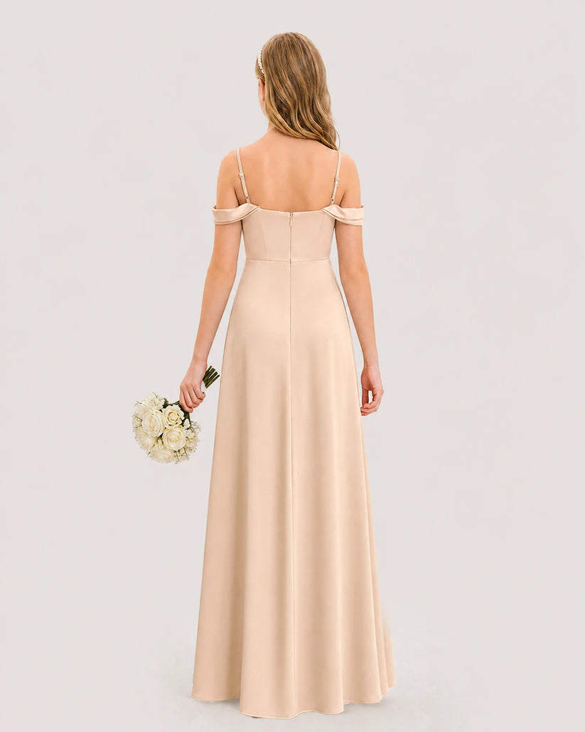 Peach Satin Cold Shoulder A-Line Junior Bridesmaid Dresses Back View