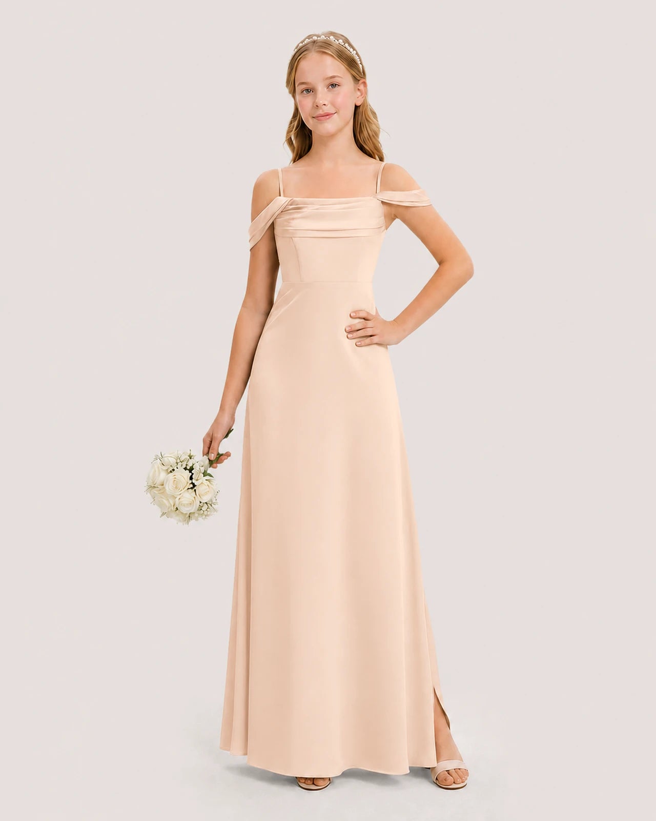 Dideyttawl Off the Shoulder Satin Junior Bridesmaid Dress