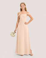 Peach Satin Off-the-Shoulder Junior Bridesmaid Dresses Front View