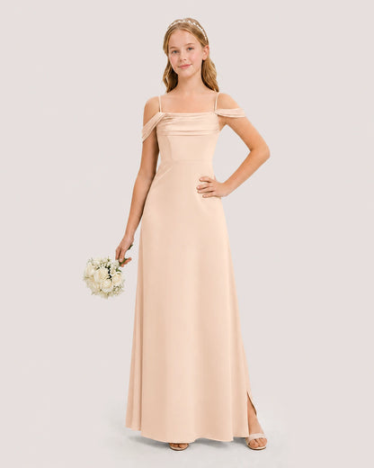 Dideyttawl Off the Shoulder Satin Junior Bridesmaid Dress