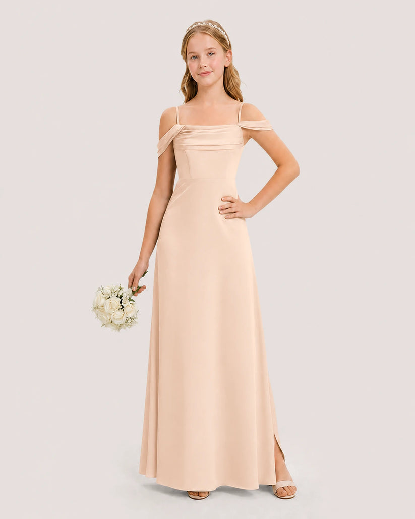 Peach Satin Off-the-Shoulder Junior Bridesmaid Dresses Front View